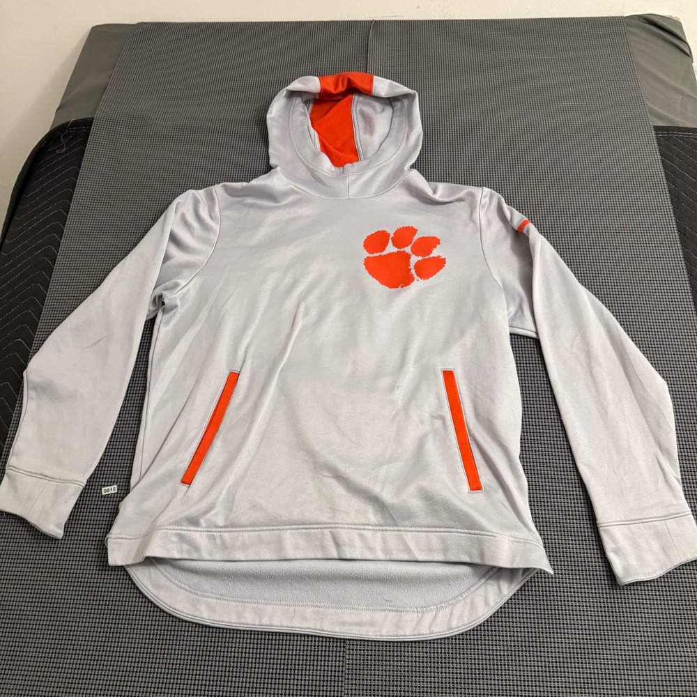 Nike‎ Therma-FIT Clemson Tigers Hoodie Mens Large Grey Orange Paw Print Pullover